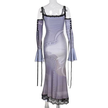 Long flared sleeve off shoulder cross print lace cami maxi dress