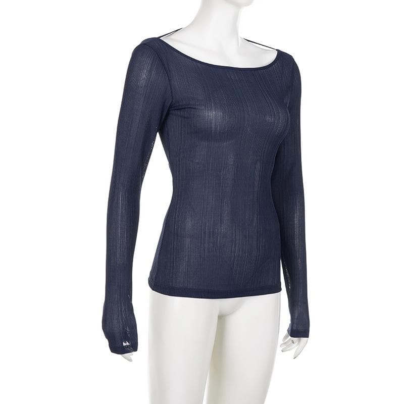 Self tie backless round neck long sleeve textured top