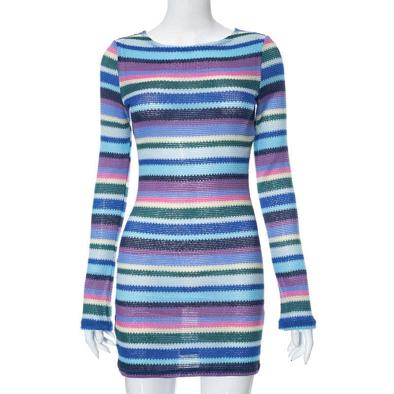 Boat Neck Long Sleeve Horizontal Stripe Knit Bodycon Mini Dress