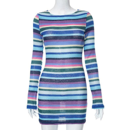 Boat Neck Long Sleeve Horizontal Stripe Knit Bodycon Mini Dress