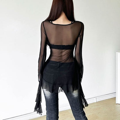 Long sleeve ruched v neck sheer mesh ruffle top