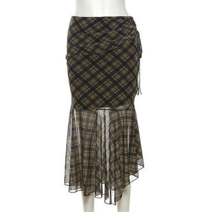Plaid ruched drawstring mesh irregular midi skirt