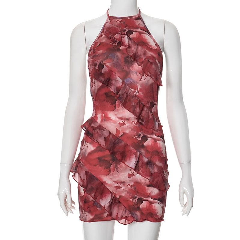 Halter self tie flower print backless ruffle mini dress