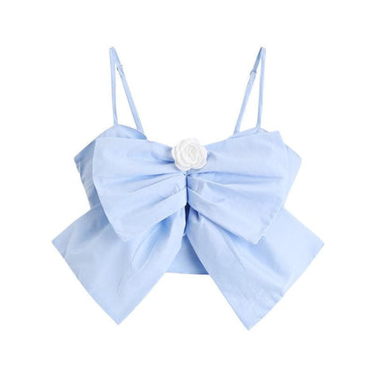 Rose applique ruched smocked solid bowknot cami top