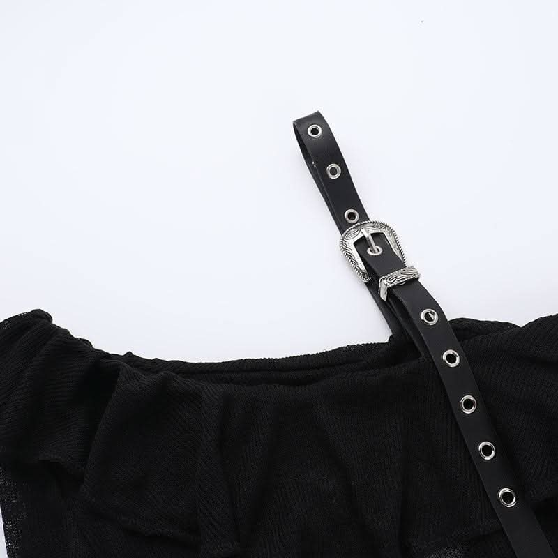 Off shoulder long sleeve ruffle cross pattern buckle top