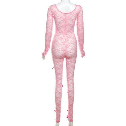 Long sleeve bowknot u neck lace see through jumpsuit-final-sale