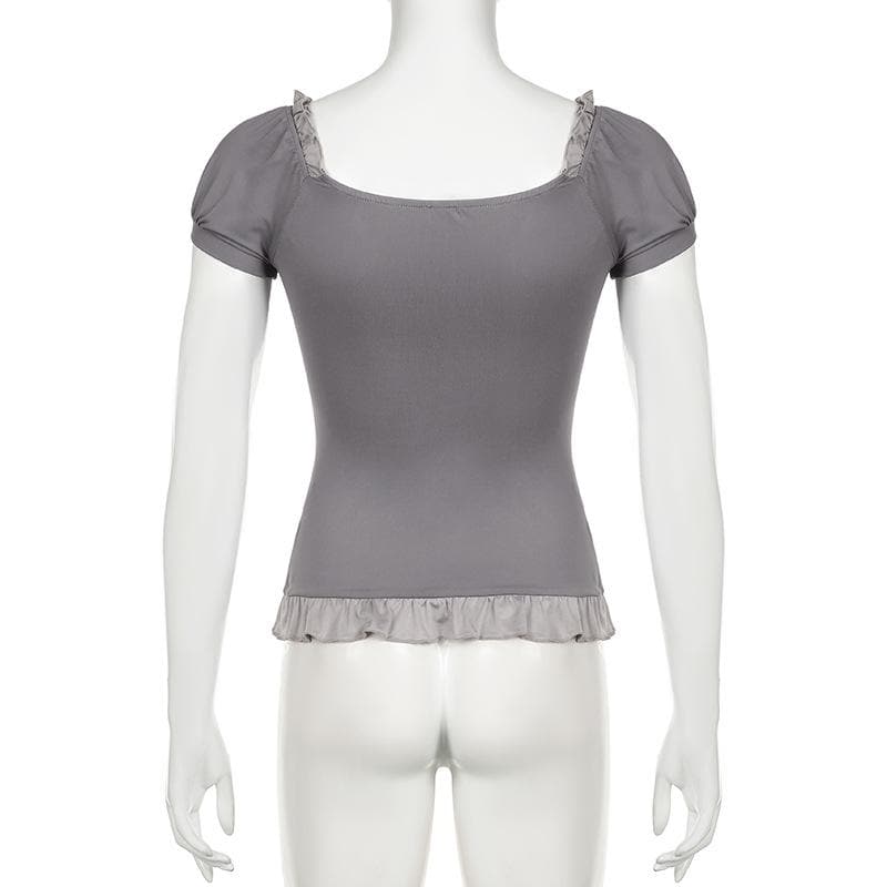 Short puff sleeve stitch ruffle bowknot top