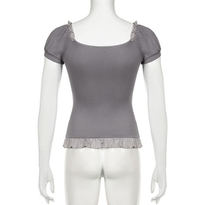 Short puff sleeve stitch ruffle bowknot top