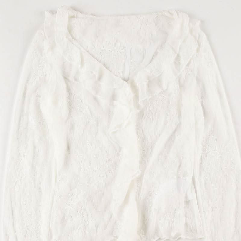 Long sleeve ruffle lace see through top