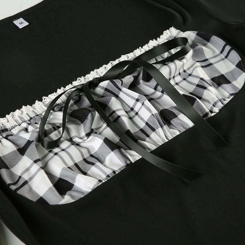 Long sleeve square neck plaid self tie top
