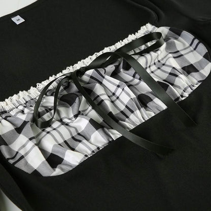 Long sleeve square neck plaid self tie top
