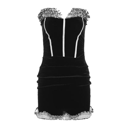 Ruffle velvet stitch ruched backless contrast tube mini dress