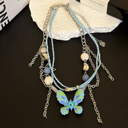 Butterfly beaded layered choker necklace