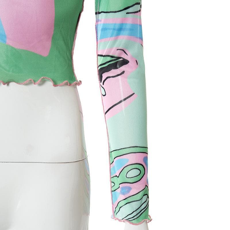 Ruffled see through patchwork irregular long sleeve crop top