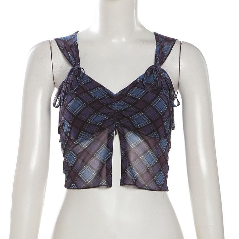 V neck plaid print bowknot crop top