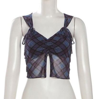 V neck plaid print bowknot crop top