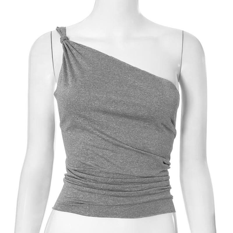 One shoulder ruched irregular knotted solid top