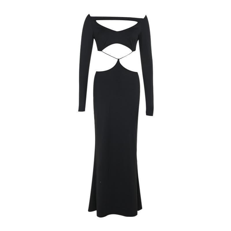 Long sleeve hollow out solid cut out maxi dress