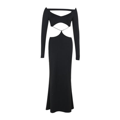 Long sleeve hollow out solid cut out maxi dress