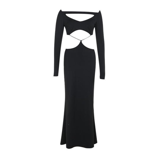 Long sleeve hollow out solid cut out maxi dress
