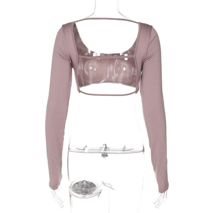 Long sleeve u neck backless solid top
