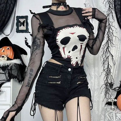 Crewneck long sleeve demon embroidery fishnet patchwork top