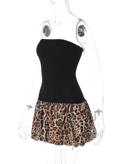 Leopard print patchwork tube mini dress