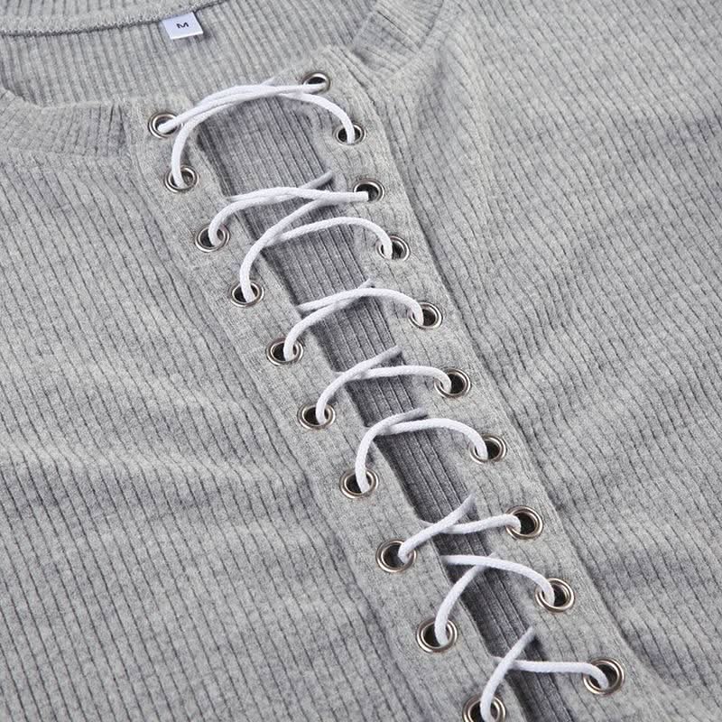 Long sleeve crewneck lace up crop top