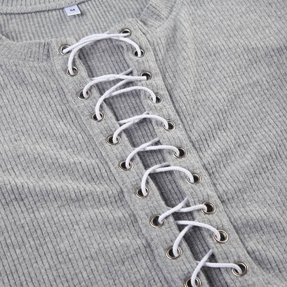 Long sleeve crewneck lace up crop top