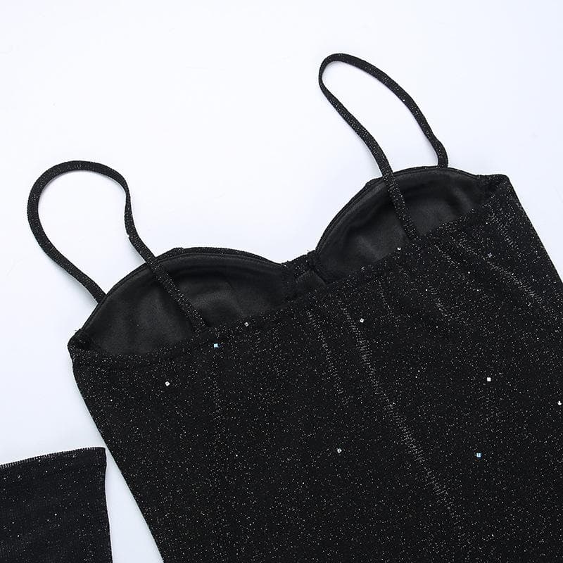 Gloves solid beaded slit sweetheart neck cami mini dress