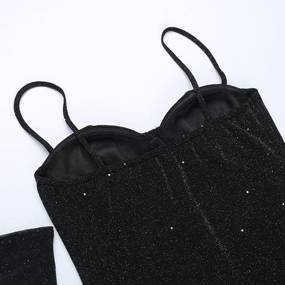 Gloves solid beaded slit sweetheart neck cami mini dress