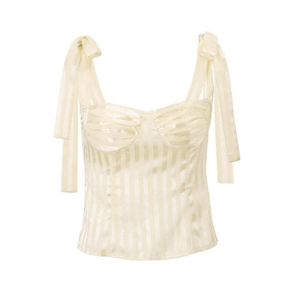 Striped smocked bowknot ribbon cami top