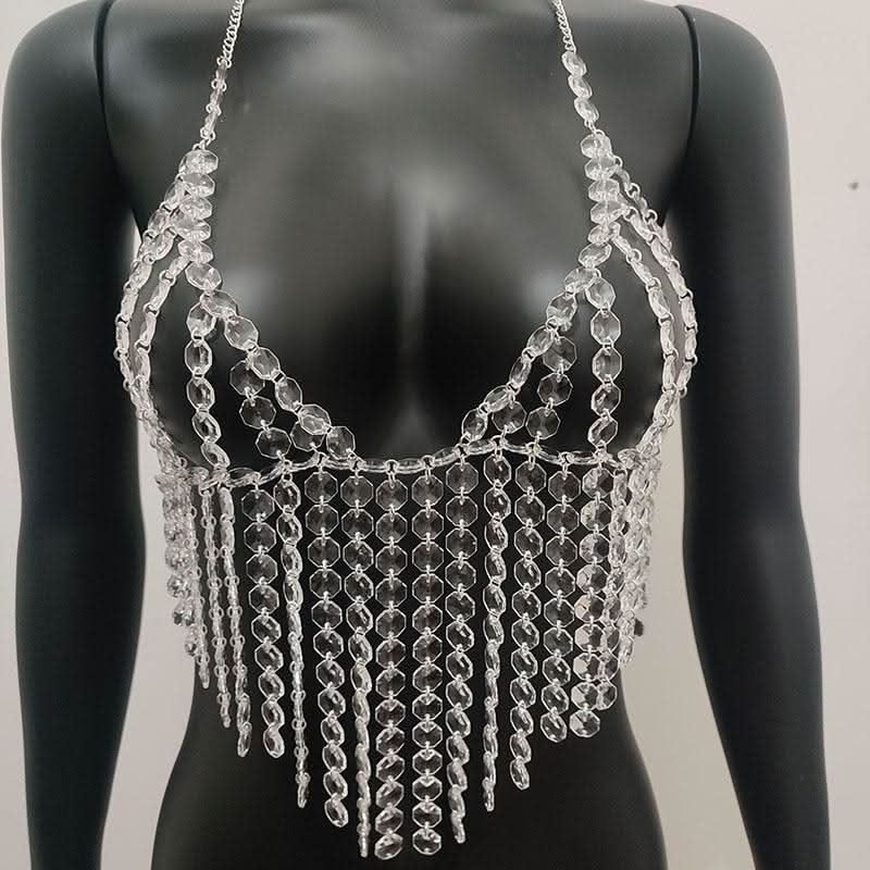 Halter crystal tassels beaded hollow out cut out top