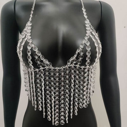 Halter crystal tassels beaded hollow out cut out top