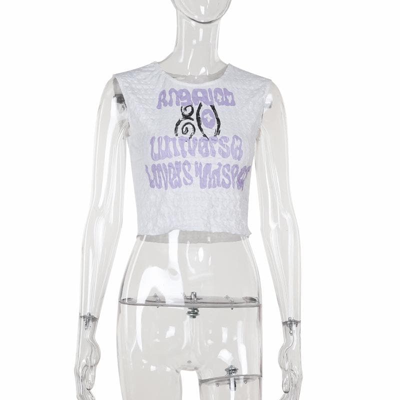 Crewneck textured letter print contrast top
