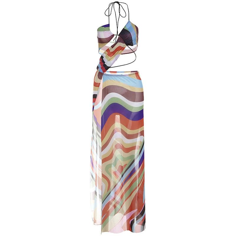 Halter print contrast high slit sheer mesh maxi dress