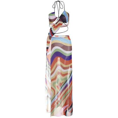 Halter print contrast high slit sheer mesh maxi dress