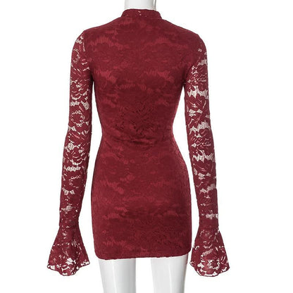 Long flared sleeve hollow out ruched lace cut out mini dress