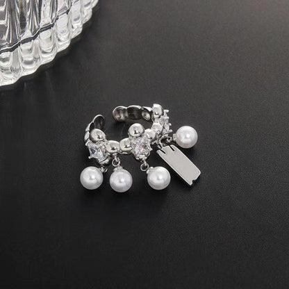 Faux pearl silver adjustable rhinestone ring