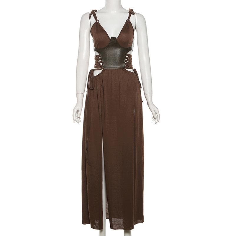 V neck PU leather patchwork high slit maxi dress-final-sale