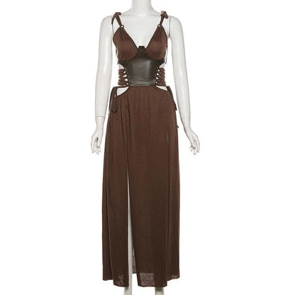 V neck PU leather patchwork high slit maxi dress-final-sale