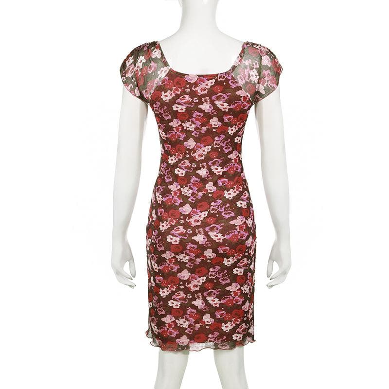 Cap sleeve print bowknot mesh mini dress