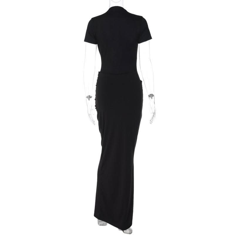 Short sleeve v neck ruched low cut slit solid maxi dress-final-sale