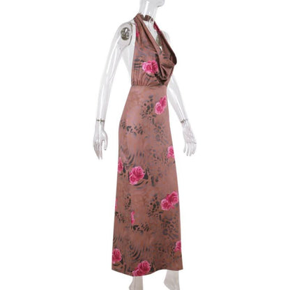 Halter cowl neck flower print ruched maxi dress