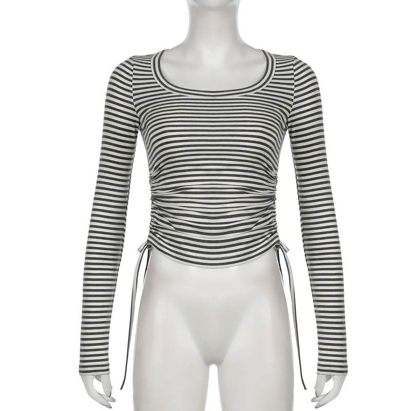 Long sleeve round neck striped drawstring top