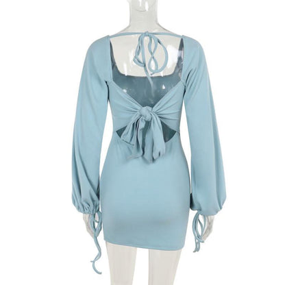 Long sleeve u neck self tie backless mini dress