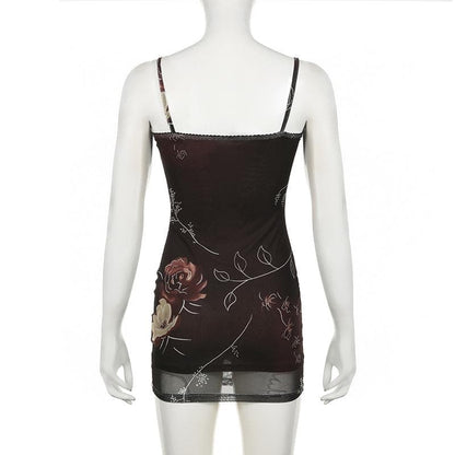 Flower print lace hem mesh cami mini dress