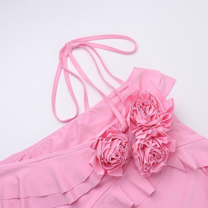 Halter flower applique ruffle irregular crop top