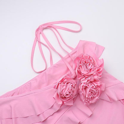 Halter flower applique ruffle irregular crop top