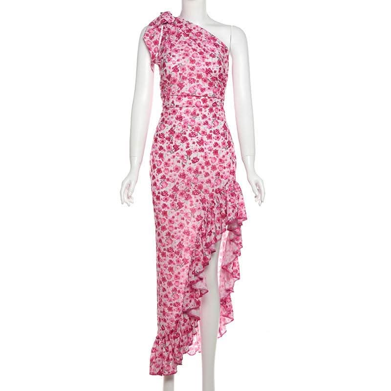 One shoulder knotted slit flower print ruffle maxi dress-final-sale